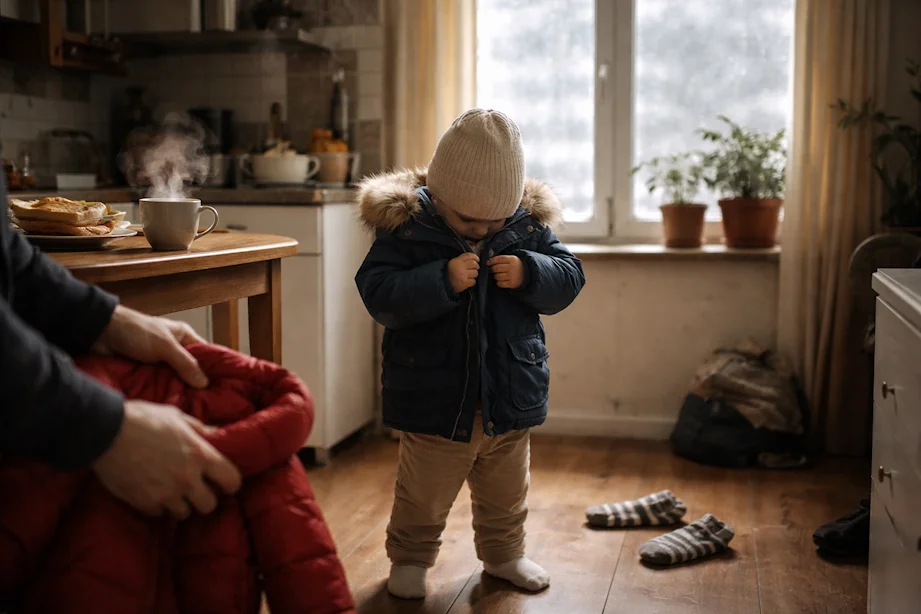 Sztuka zapinania guzików – jak poranki uczą dziecko samodzielności