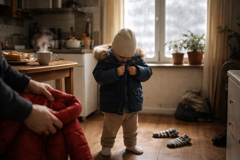 Sztuka zapinania guzików – jak poranki uczą dziecko samodzielności